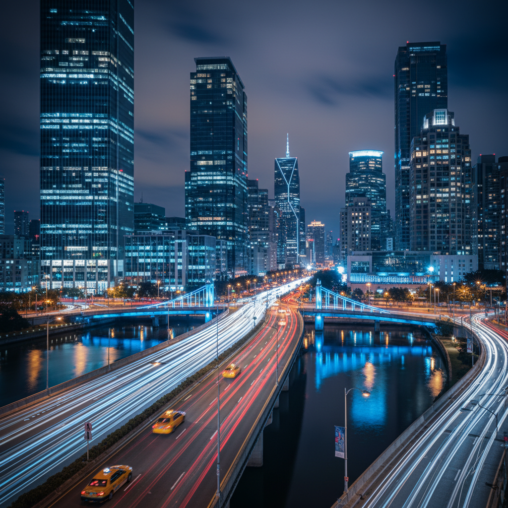 a vibrant cityscape at night with multiple taxis and ride-share vehicles in motion, their headlights and taillights crea - how to get around singapore