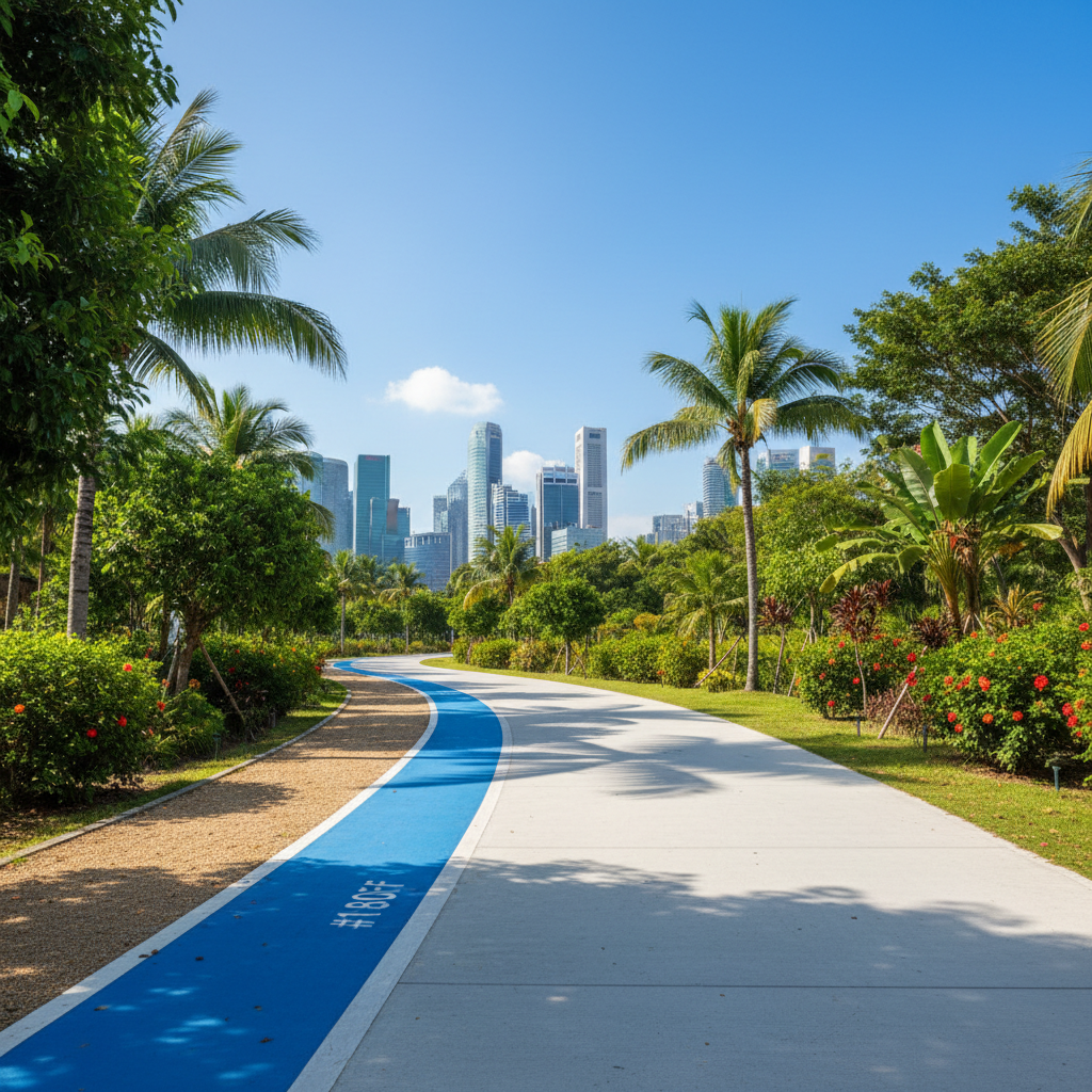 a winding park connector path for cycling and walking, surrounded by lush tropical vegetation and modern city skyline vi - how to get around singapore