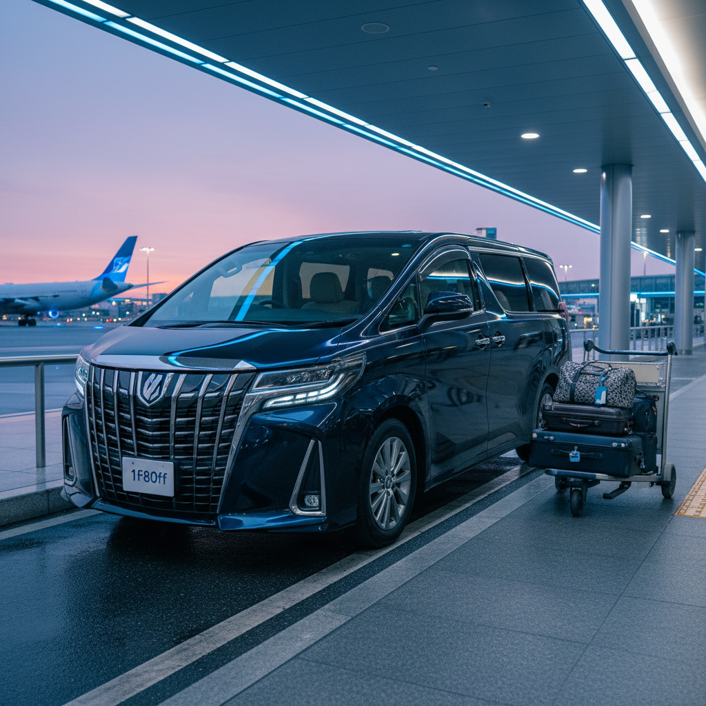 a sleek, dark-colored luxury sedan, potentially an Alphard or Vellfire, parked outside a modern airport terminal at twil - how to get around singapore