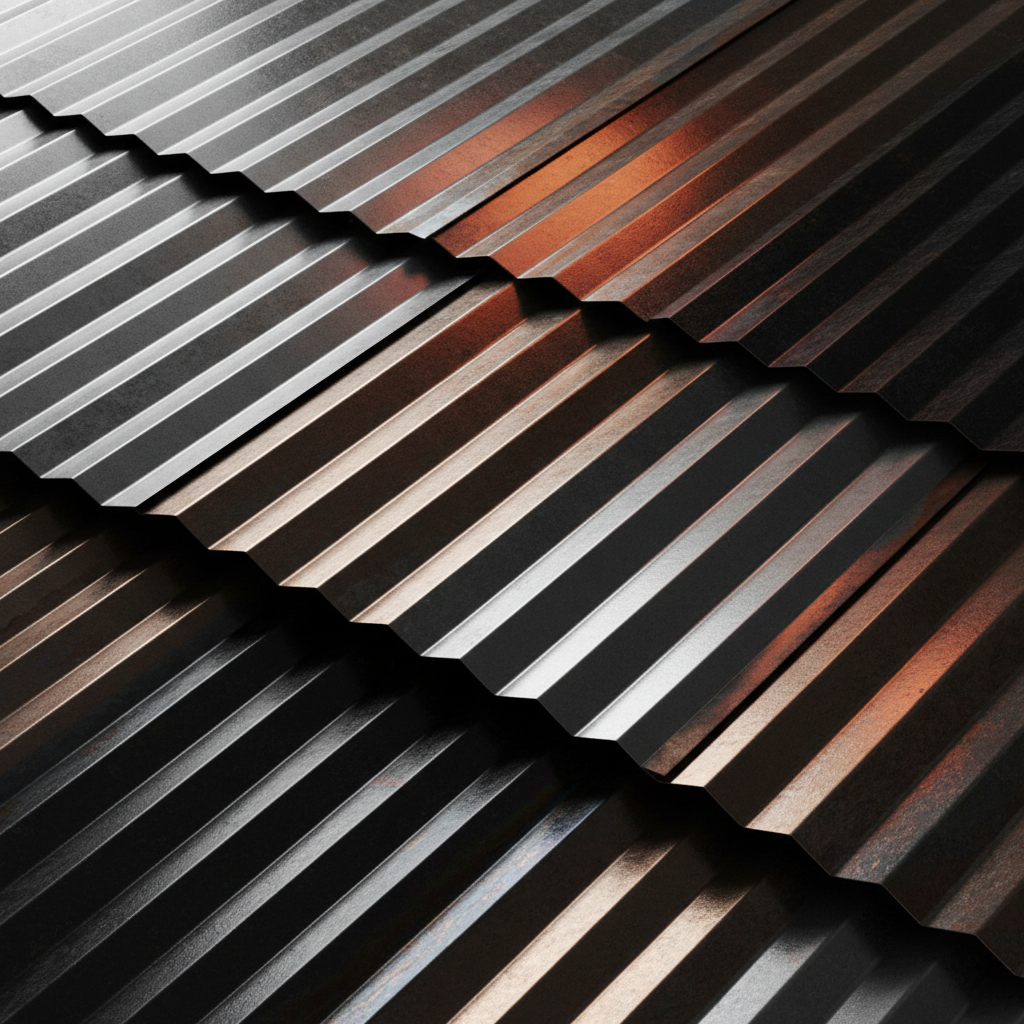 an abstract close-up of corrugated metal roofing sheets in various metallic finishes, reflecting light and showing textu - roofing materials Singapore