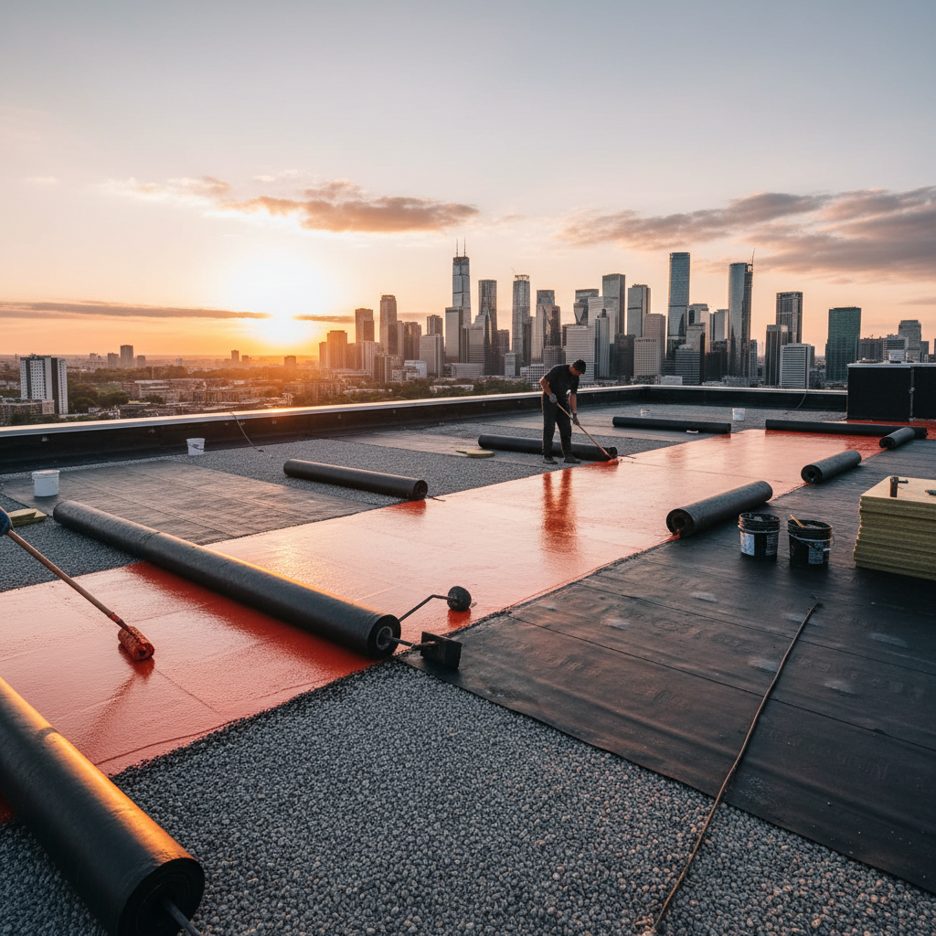 a flat roof under construction, showing layers of waterproofing membrane being applied by skilled workers, with modern c - roofing materials Singapore