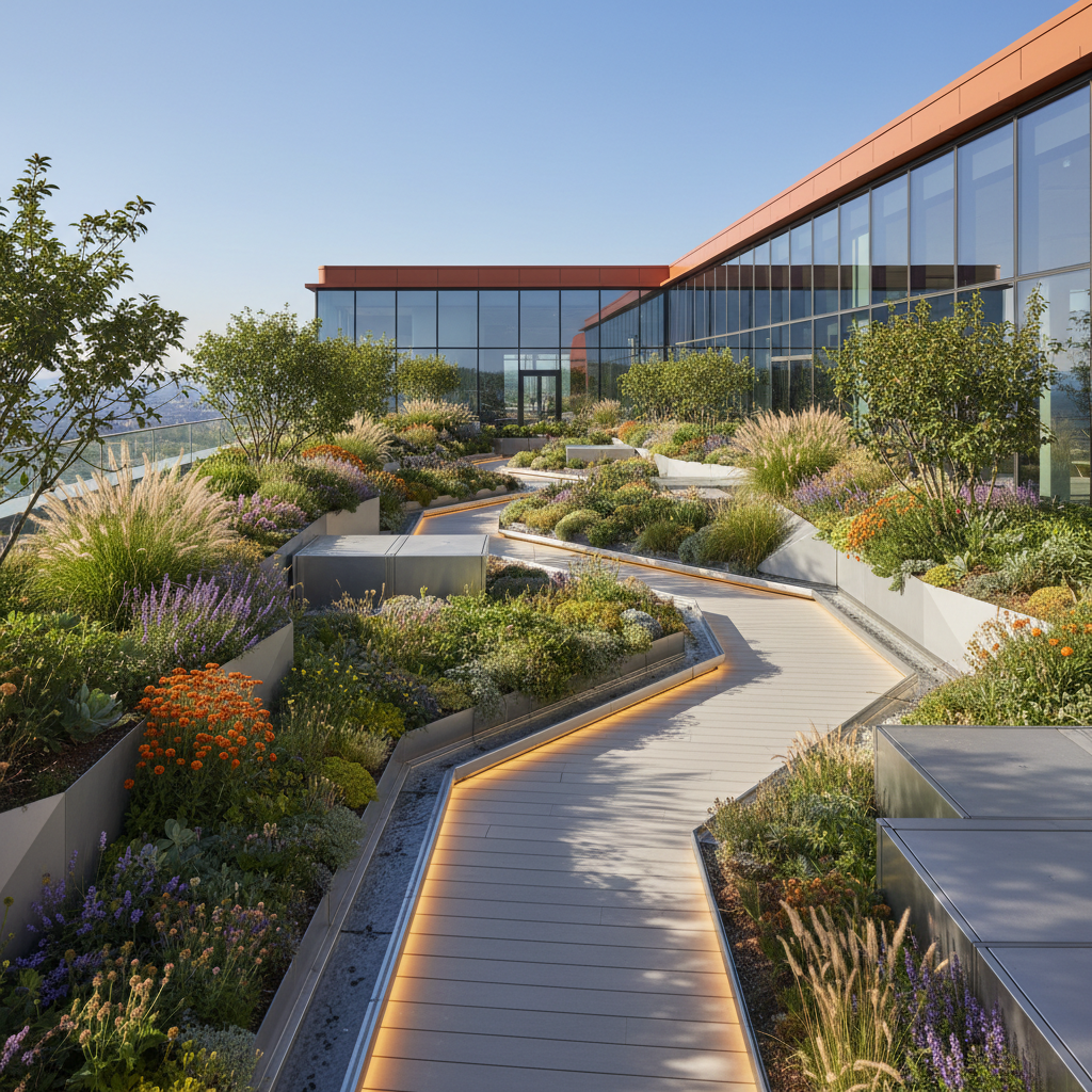 a vibrant rooftop garden integrated into a modern building, featuring diverse plants, walking paths, and efficient drain - roofing materials Singapore