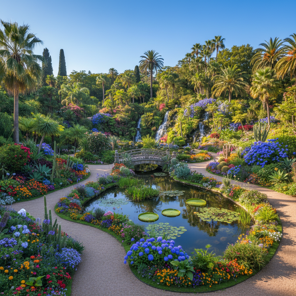 a sprawling, vibrant botanical garden with diverse flora, winding pathways, and serene water features under a clear sky. - singapore free attractions