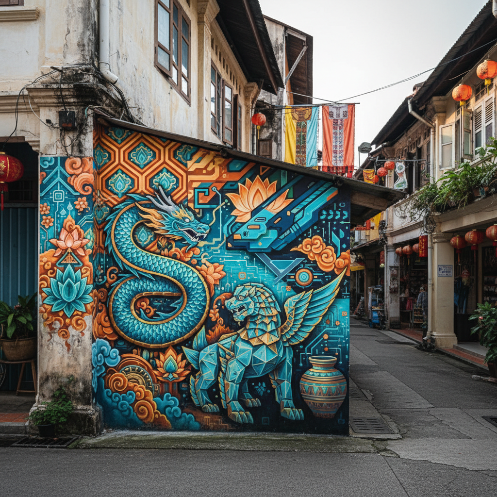 a vibrant street art mural on an old shophouse wall in a bustling Asian heritage district, featuring traditional motifs - singapore free attractions