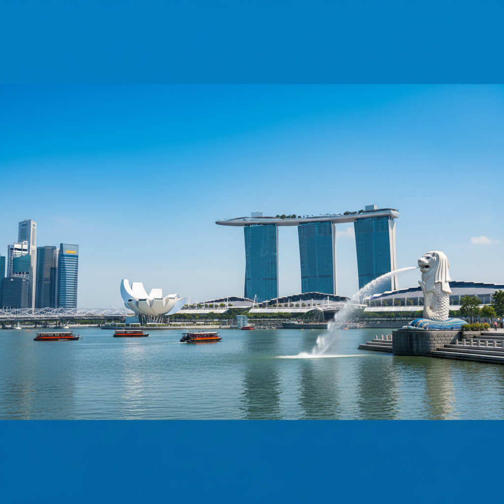 a panoramic cityscape of Singapore's Marina Bay, featuring the Merlion statue spouting water, with the iconic Marina Bay - singapore free attractions