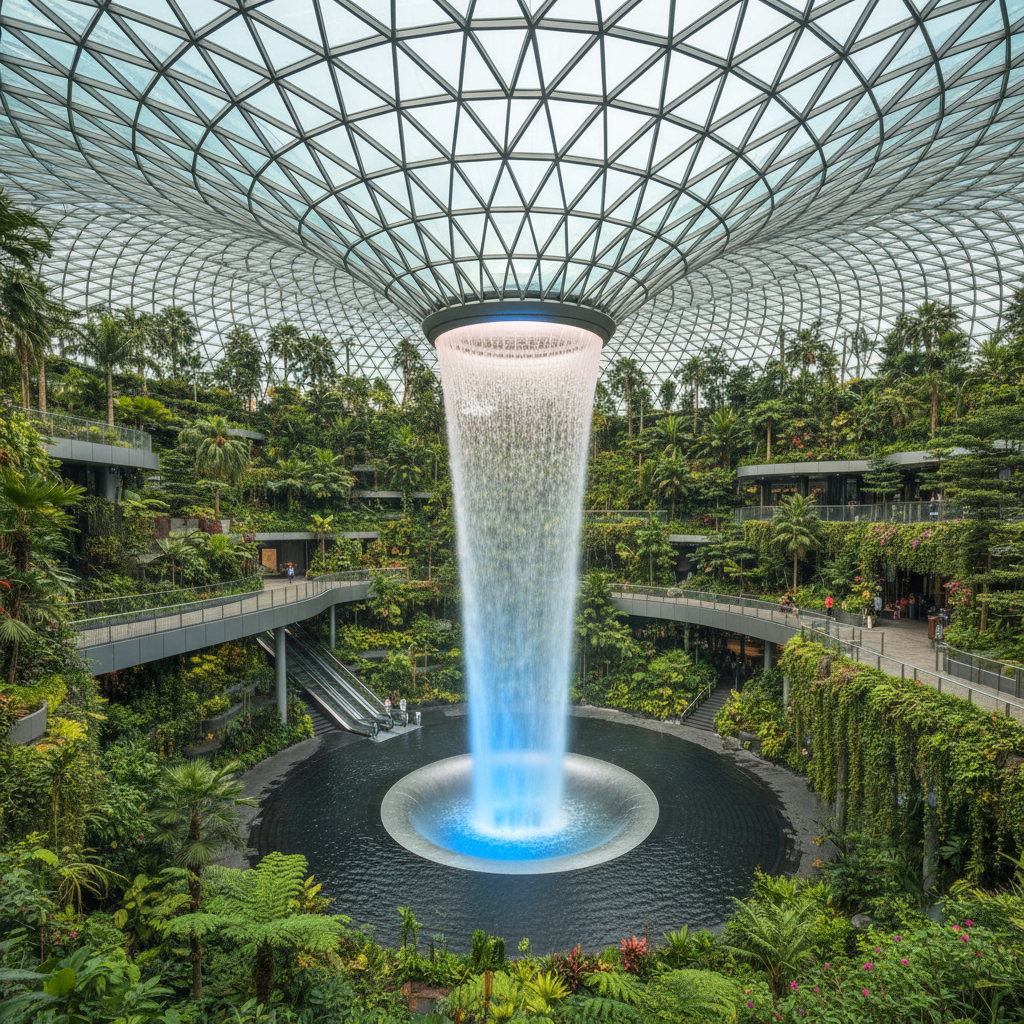 the majestic HSBC Rain Vortex at Jewel Changi Airport, an indoor waterfall cascading through lush greenery under a glass - singapore free attractions