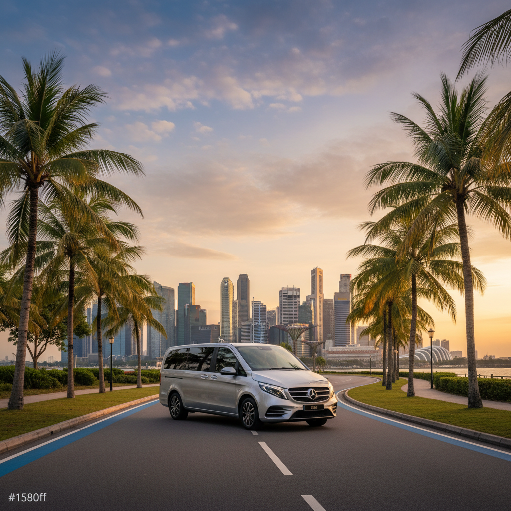 a sleek, modern silver maxicab driving along a palm-lined road with a backdrop of Singapore's urban skyline. STRICT: do - singapore free attractions