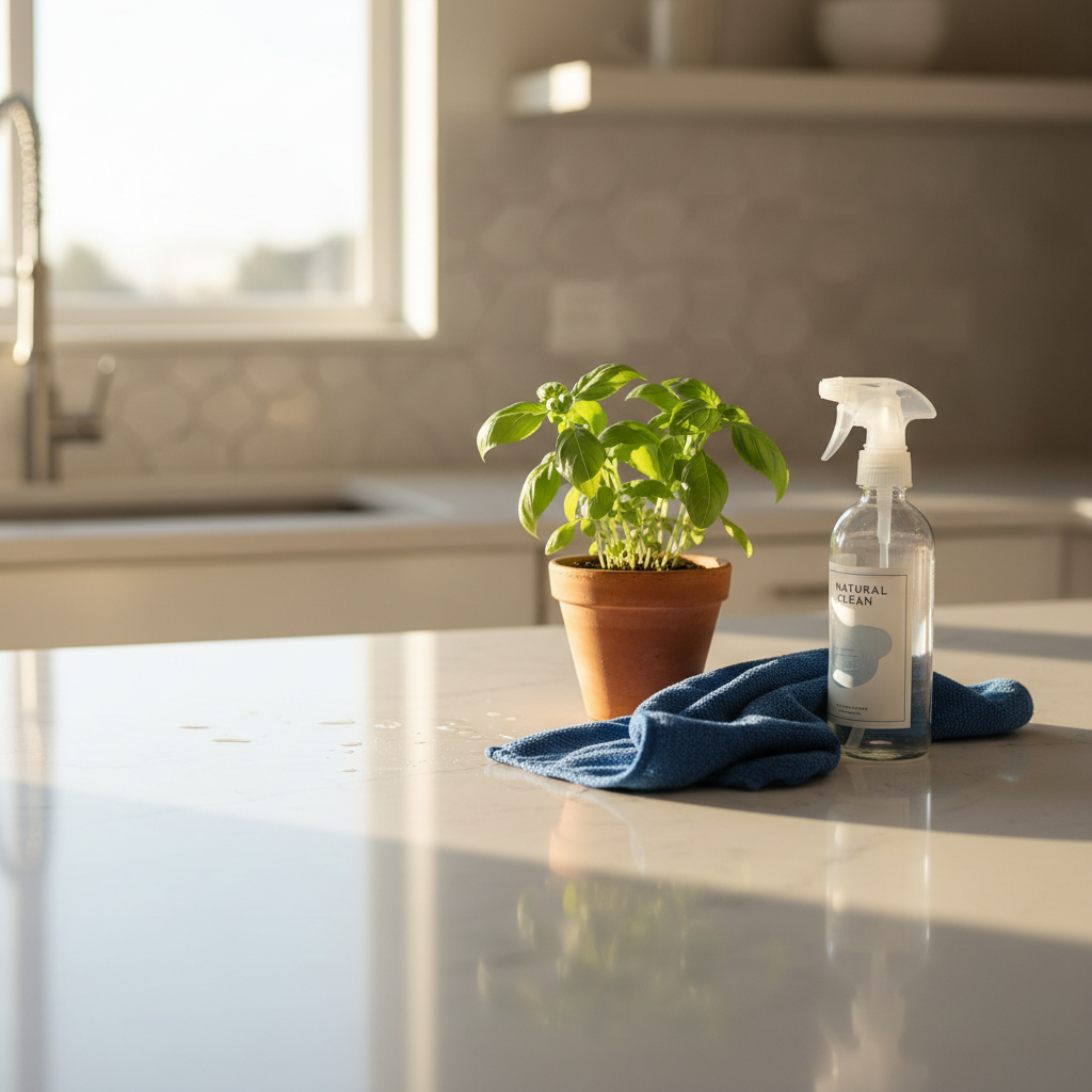 a sparkling clean kitchen surface with natural sunlight, a small potted plant, and a microfiber cloth, emphasizing fresh