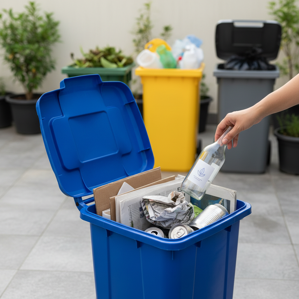 a hand placing a glass bottle into a recycling bin, with other sorted refuse in the background, illustrating waste manag