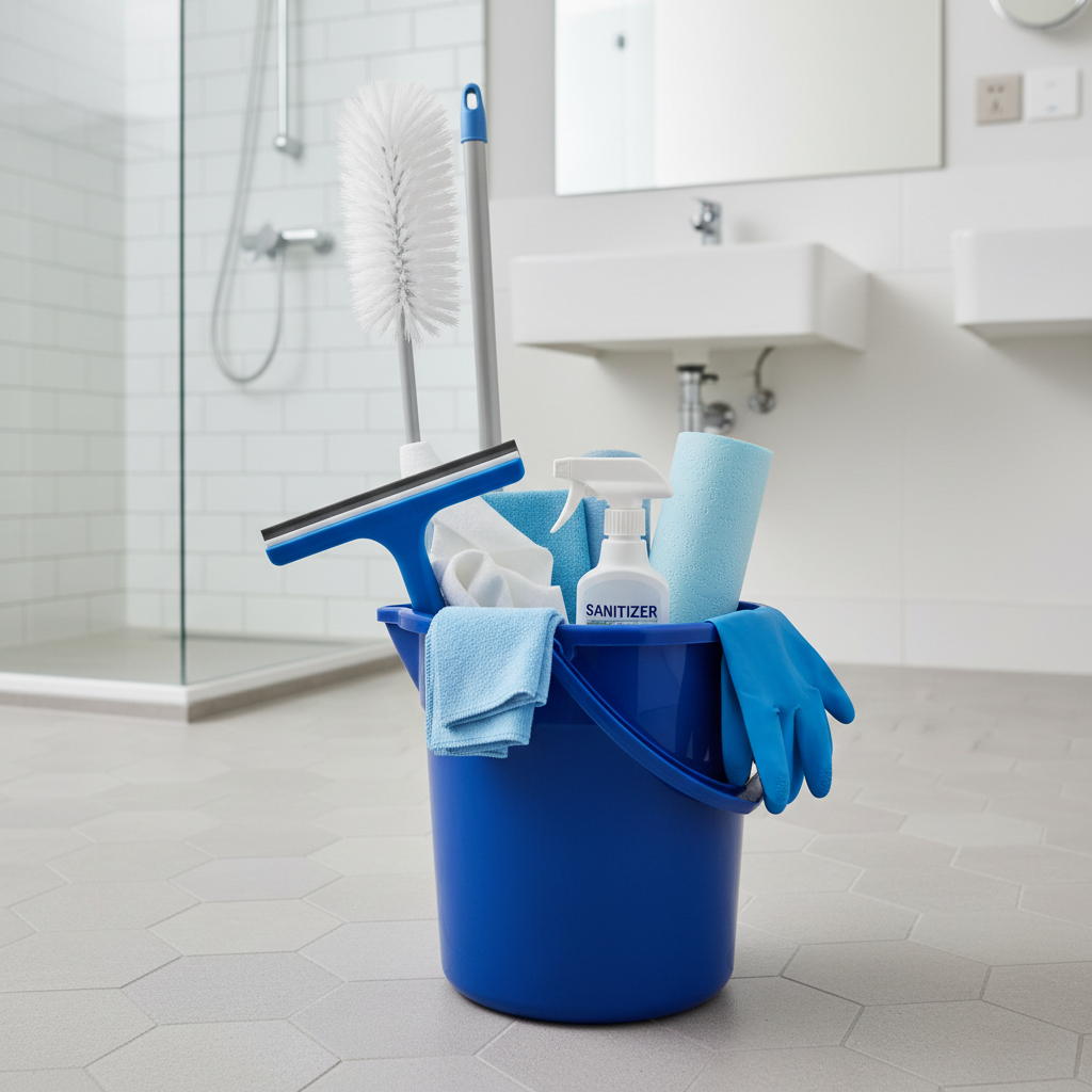 a set of professional cleaning tools neatly arranged in a bucket against a backdrop of a tiled bathroom in an HDB flat, 