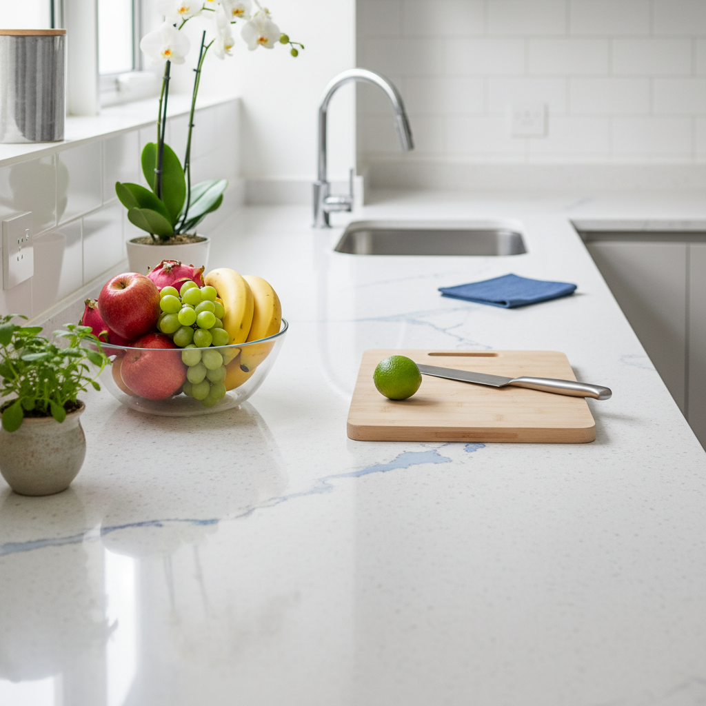 a sparkling clean kitchen counter in an HDB flat, with fresh fruit and minimal clutter, reflecting light, and a glimpse 