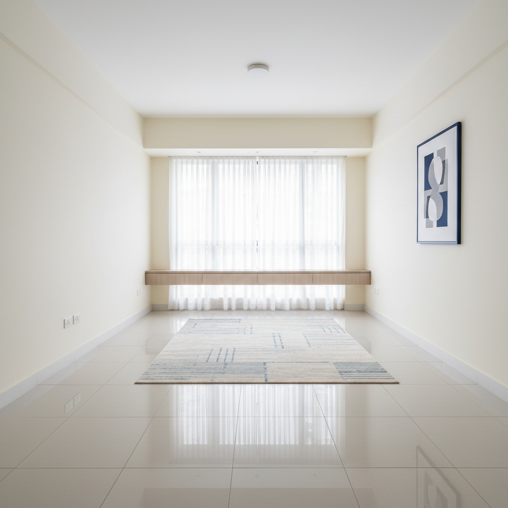 an empty, pristine living room of an HDB apartment, newly cleaned and ready for occupation, featuring light-colored wall