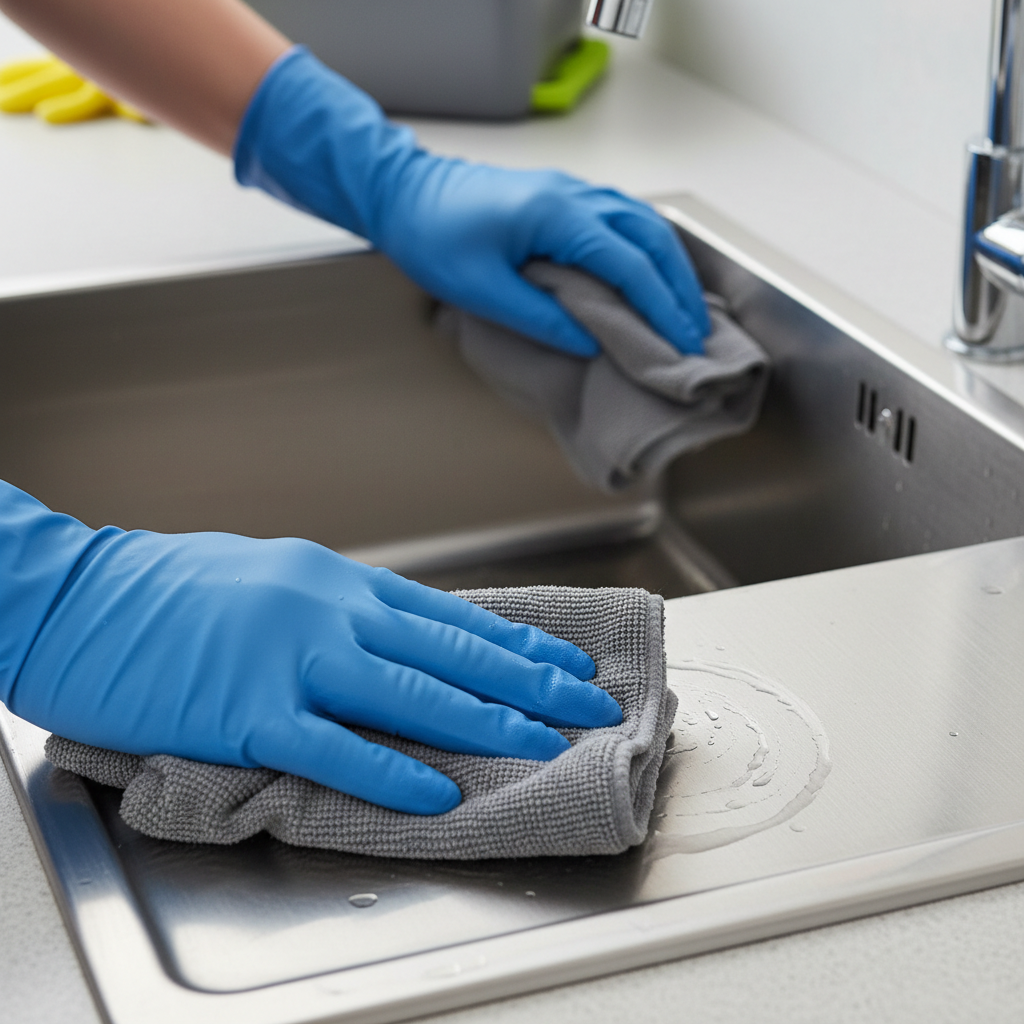 a close-up of a professional cleaner's hands using a microfiber cloth to meticulously polish a stainless steel sink in a