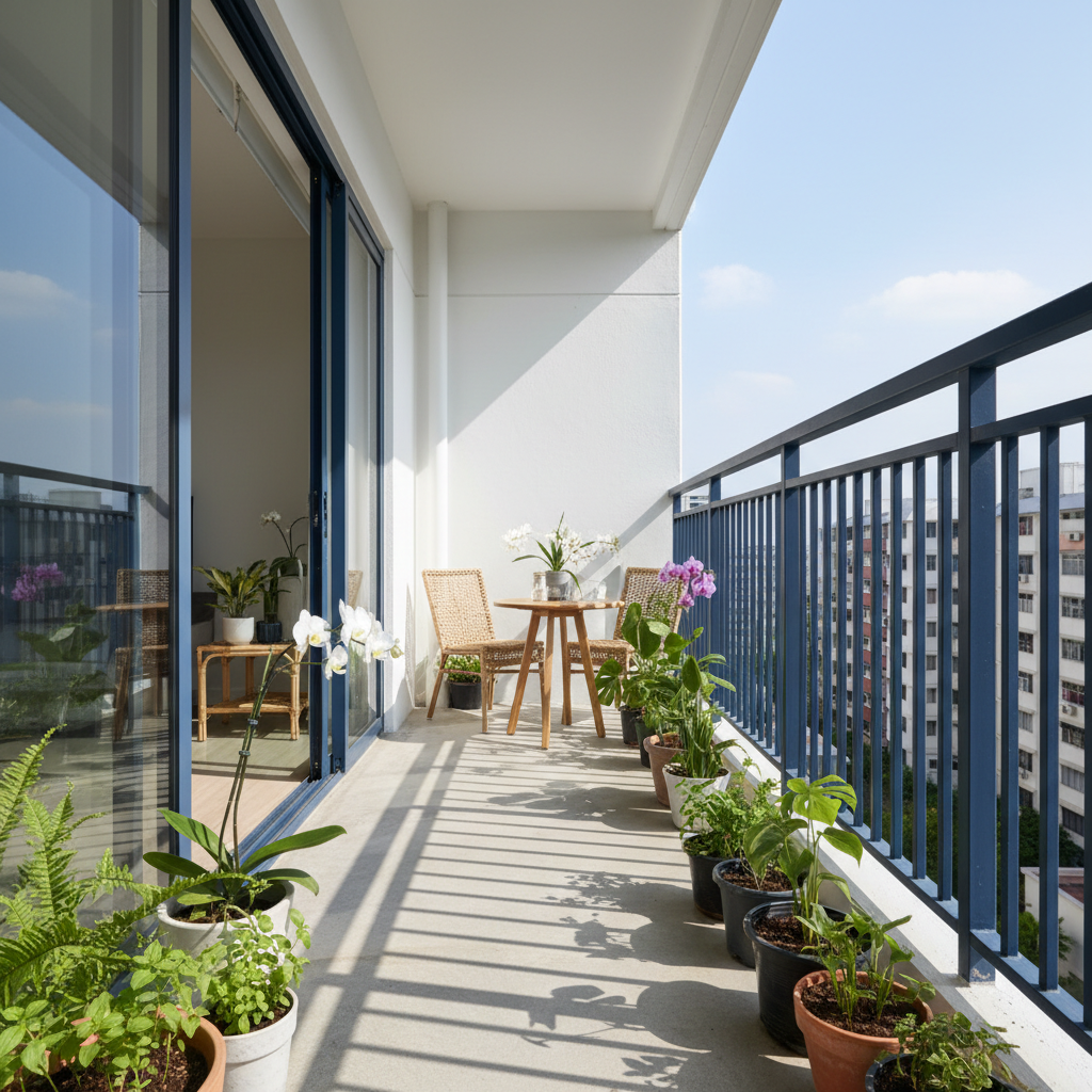 a clean and orderly HDB balcony with potted plants, showing fresh air and natural light, suggesting a well-maintained ho