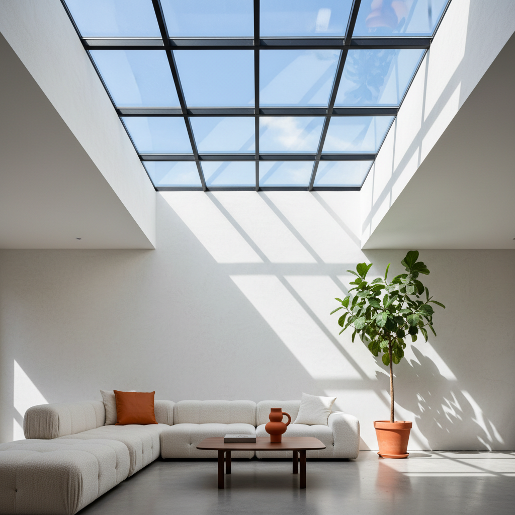 an interior shot from below a modern skylight, showing natural light streaming into a bright, contemporary living space. - home renovation Singapore