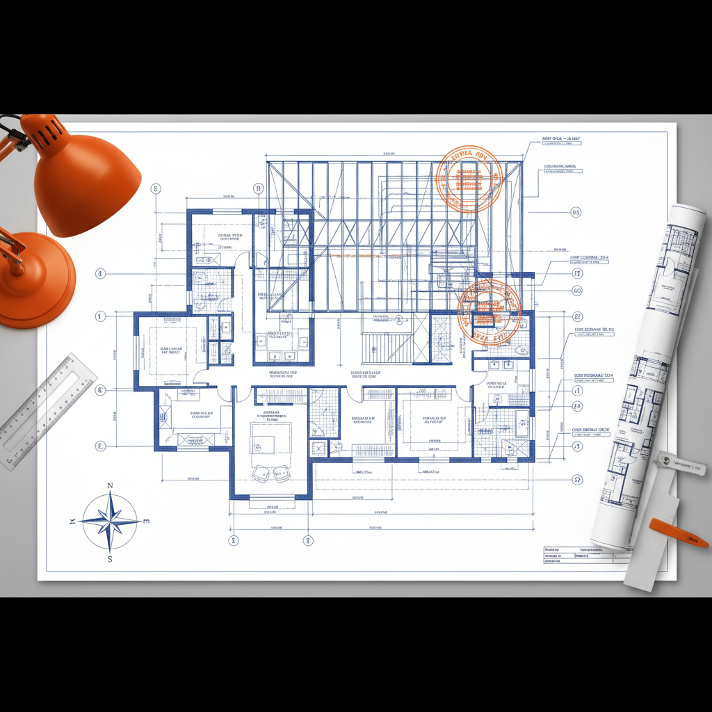 a blueprint or architectural drawing showing roof details superimposed on a house layout, representing meticulous planni - home renovation Singapore