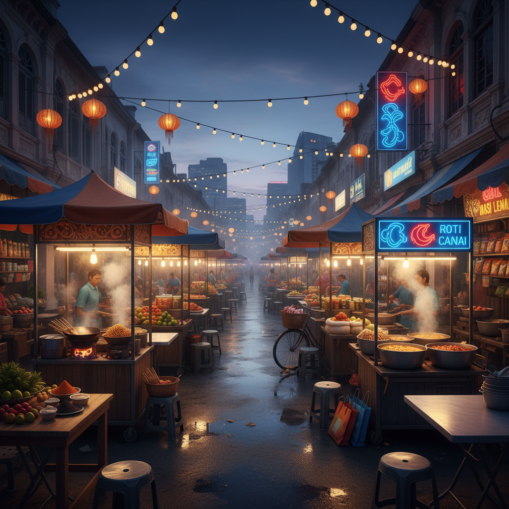 a bustling street scene in Johor Bahru with vibrant market stalls, food vendors, and shoppers, capturing the lively atmo - day trips from singapore