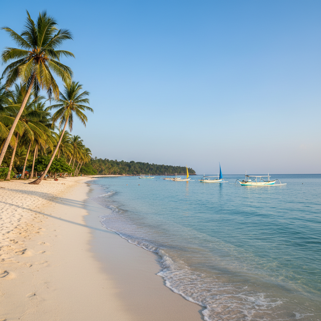 a serene Indonesian beach with clear blue water, white sand, and palm trees, with a few traditional fishing boats gently - day trips from singapore