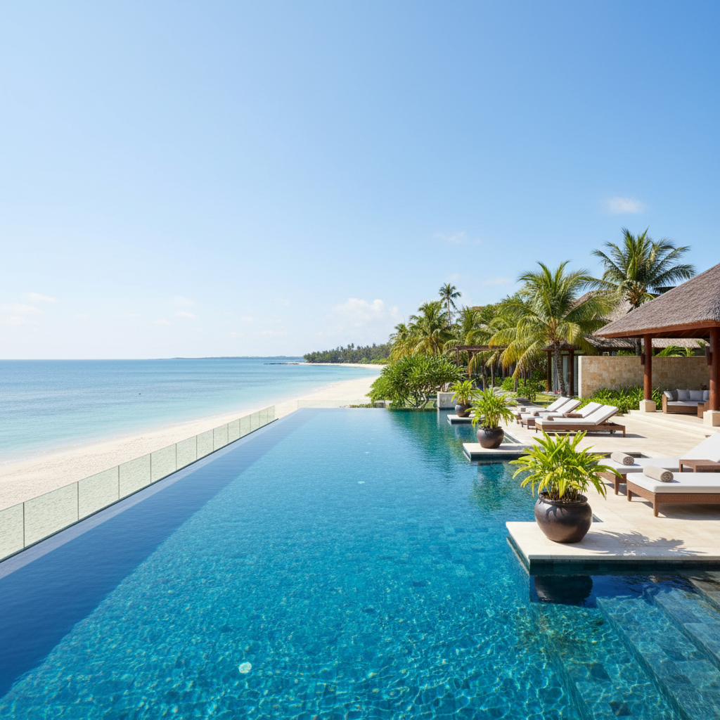 a luxurious infinity pool overlooking a tropical beach at a high-end resort in Bintan, with clear blue skies and calm oc - day trips from singapore