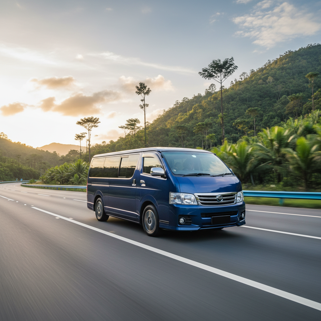a sleek, comfortable 7-seater maxicab driving on a well-maintained highway with lush green scenery surrounding it, sugge - day trips from singapore