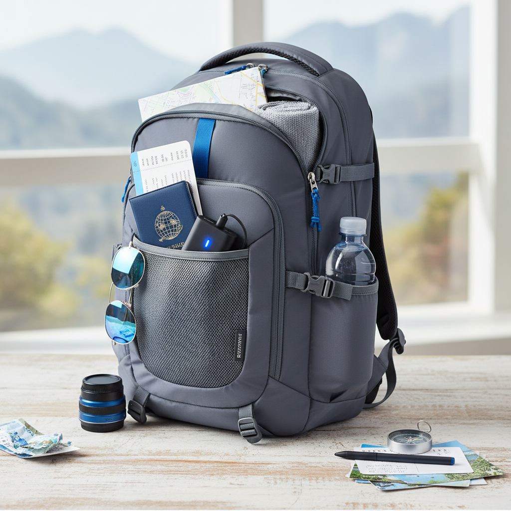 a well-organized travel backpack with a passport, power bank, sunglasses, and a small water bottle visible, ready for a - day trips from singapore