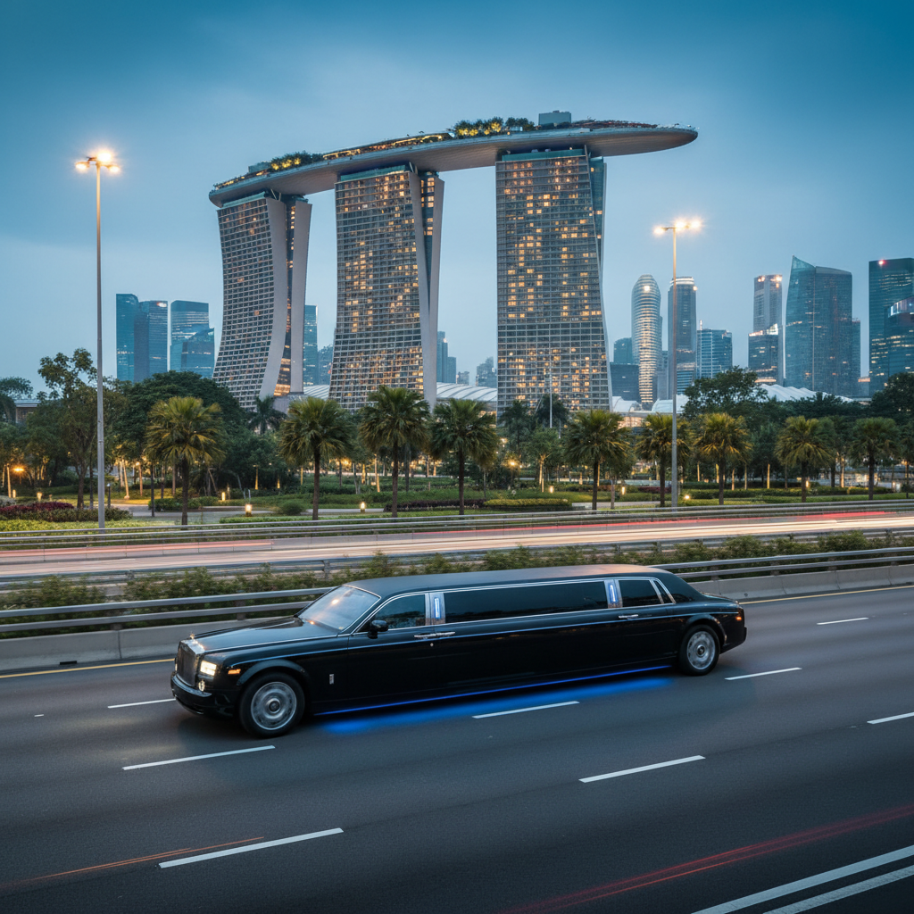 a high-end limousine driving past the iconic Marina Bay Sands hotel in Singapore, suggesting luxury and professional tra - business travel Singapore