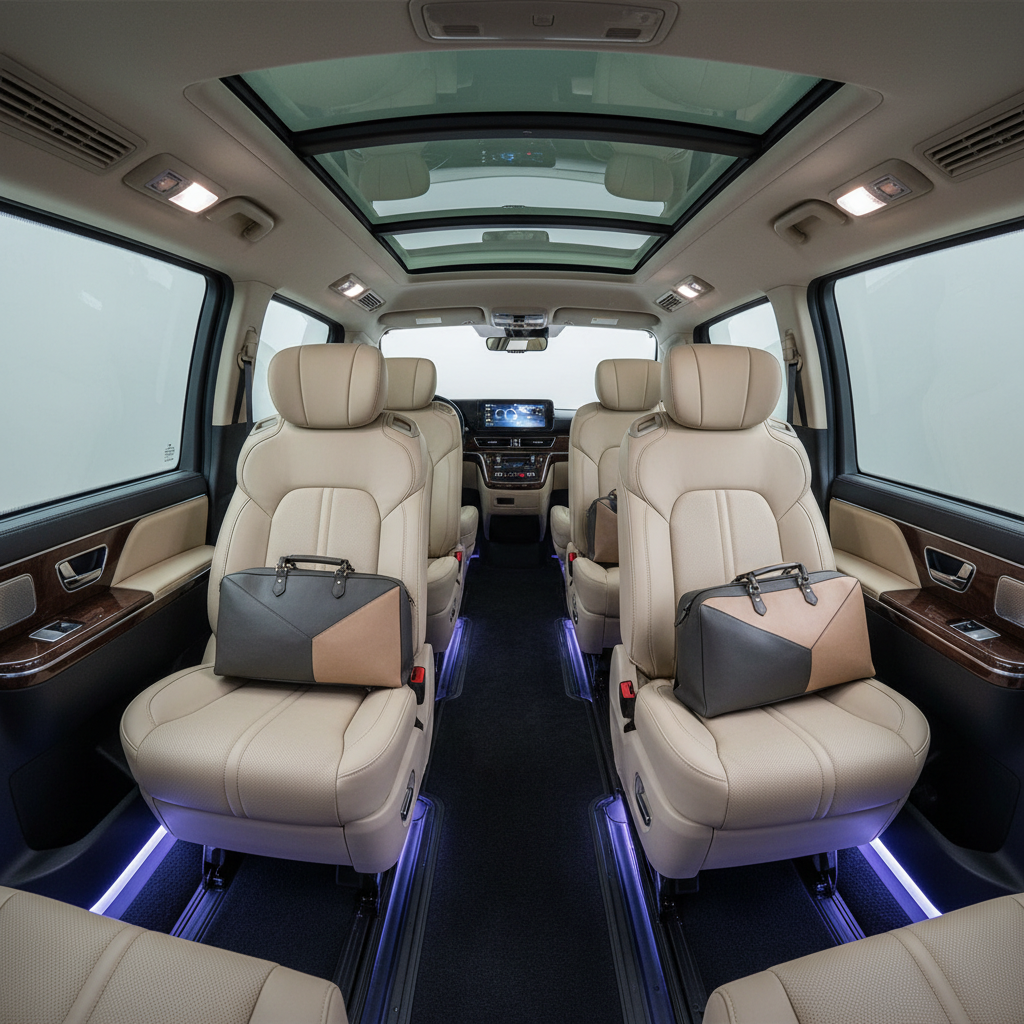 an interior shot of a spacious, clean 7-seater maxicab with comfortable leather seats and ample legroom, ready for execu - business travel Singapore