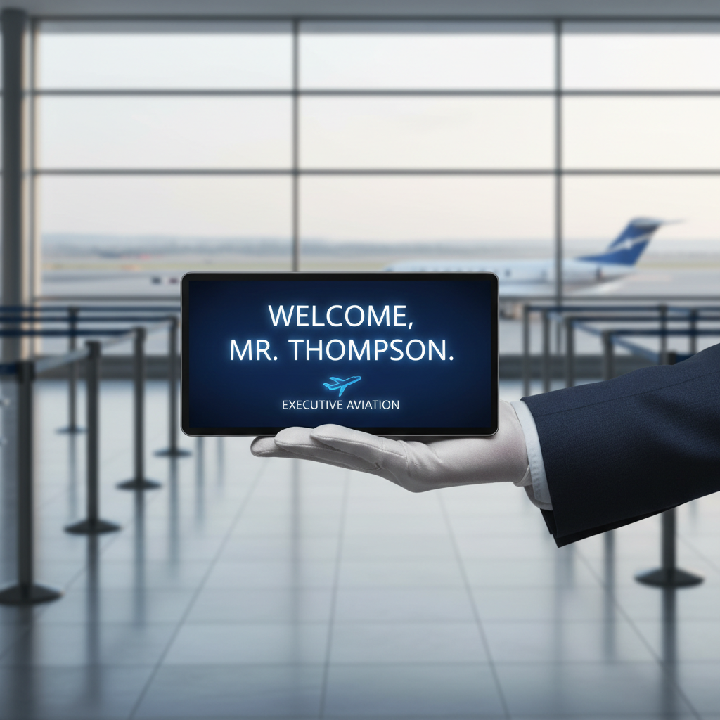 a professional chauffeur holding a sign with a name, standing at an airport arrivals gate, symbolizing executive meet an - business travel Singapore
