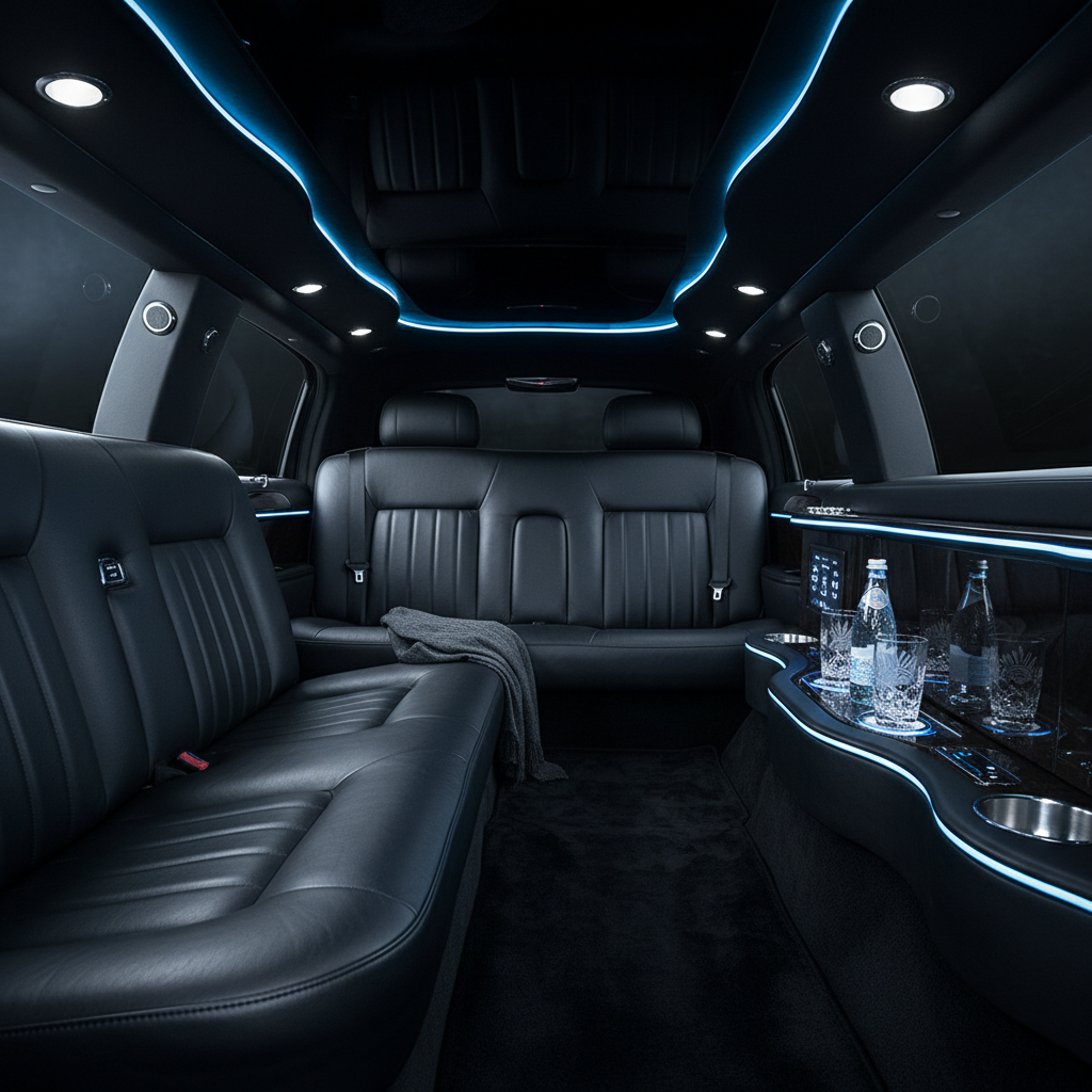 the interior of a luxurious black limousine, with tinted windows and a plush leather seat, emphasizing privacy and execu - business travel Singapore