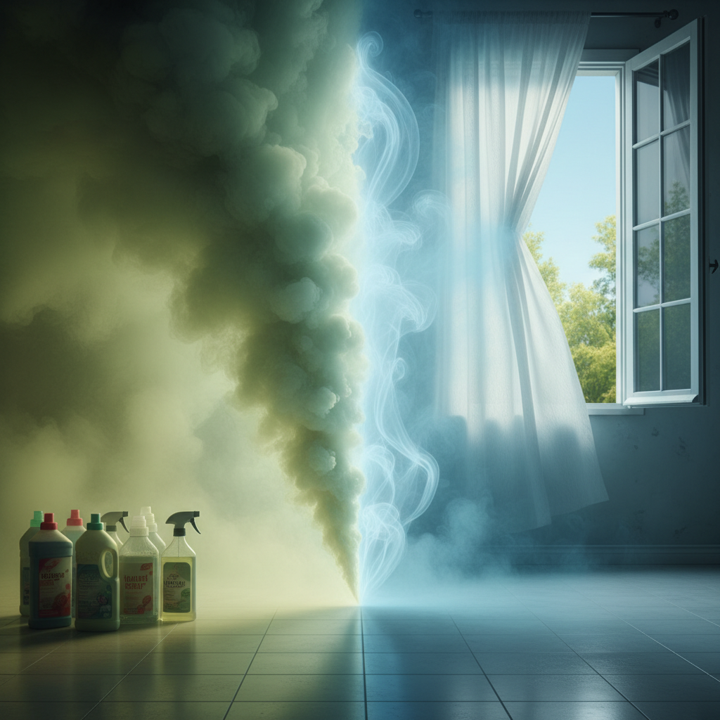 a stark visual of indoor air polluted by chemical fumes emanating from cleaning product bottles, contrasting with clear,