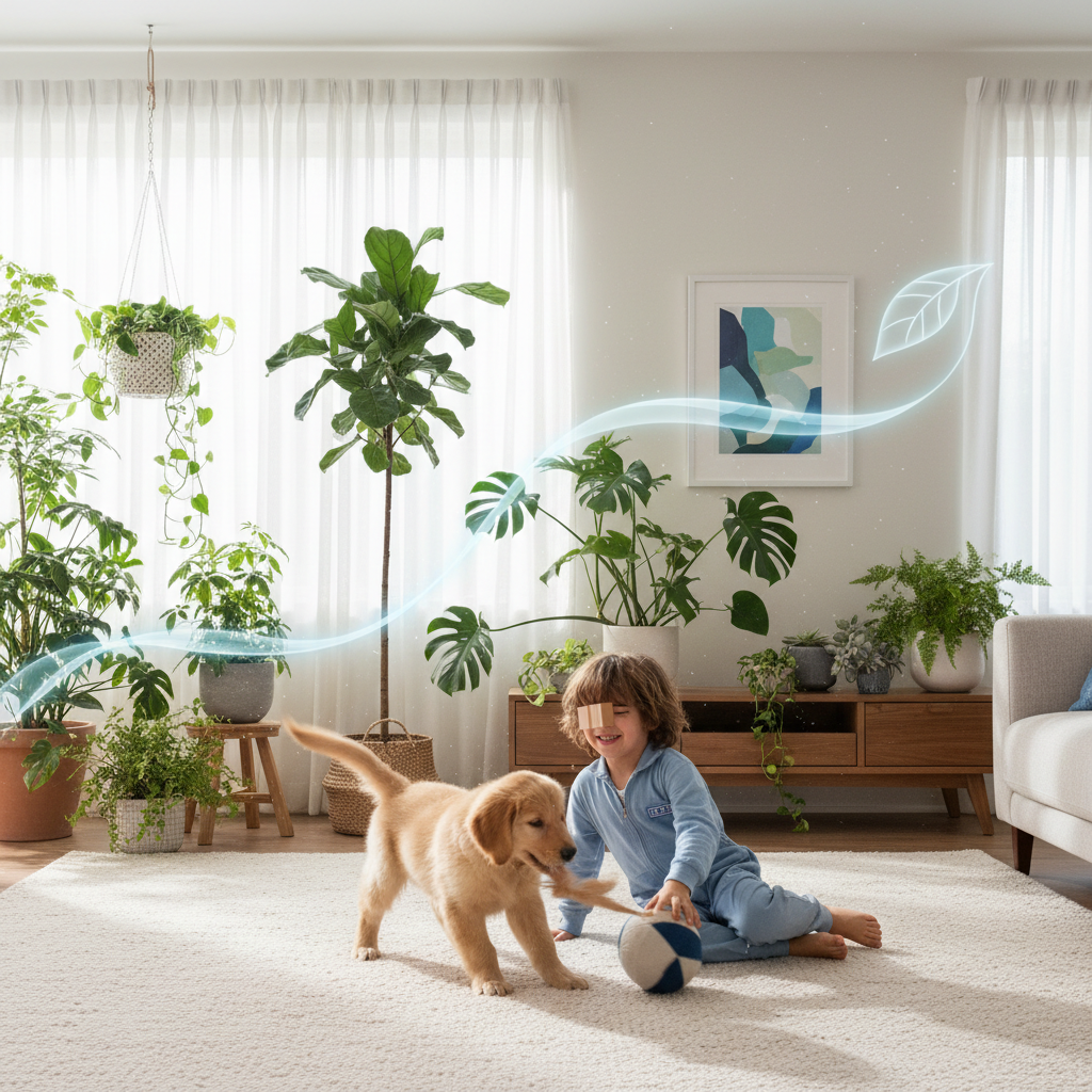 a light, airy home interior with a child and a pet playing happily on a clean rug, surrounded by plants, symbolizing goo