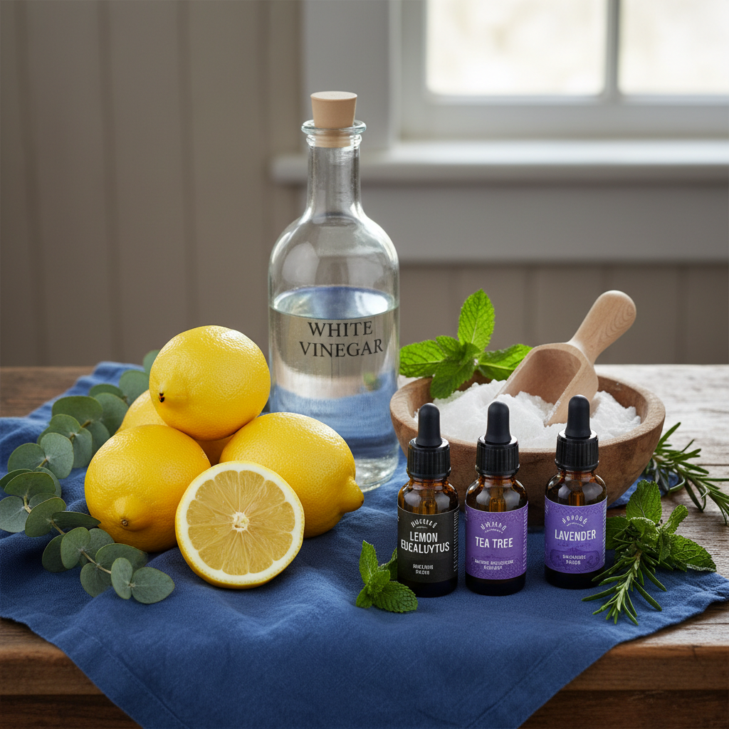 an artful arrangement of natural cleaning ingredients like lemons, vinegar, baking soda, and essential oil bottles with