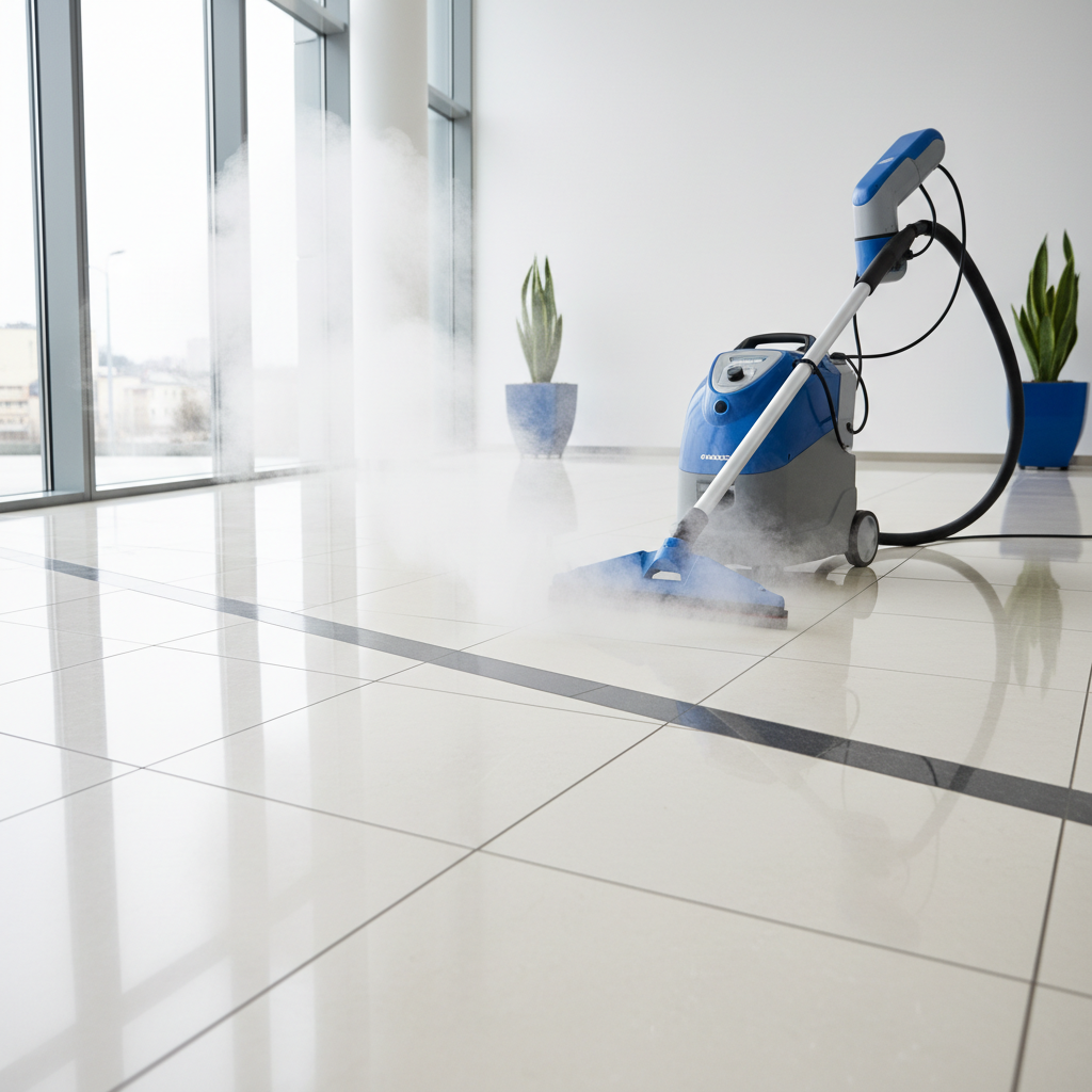 a cleaner using a steam cleaner on a tile floor, illustrating an efficient and chemical-free cleaning technique in a bri