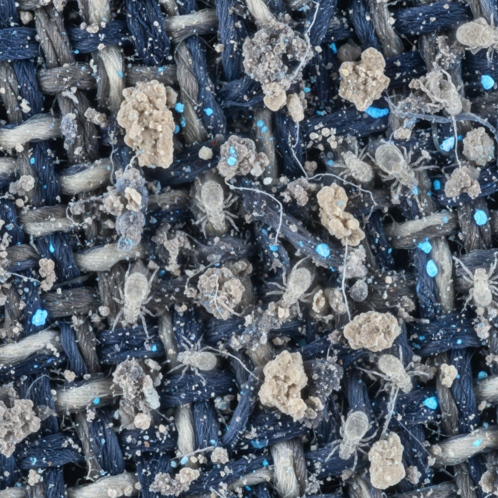 a microscopic view of fabric fibers intertwined with dust particles and tiny insect-like dust mites, illustrating hidden