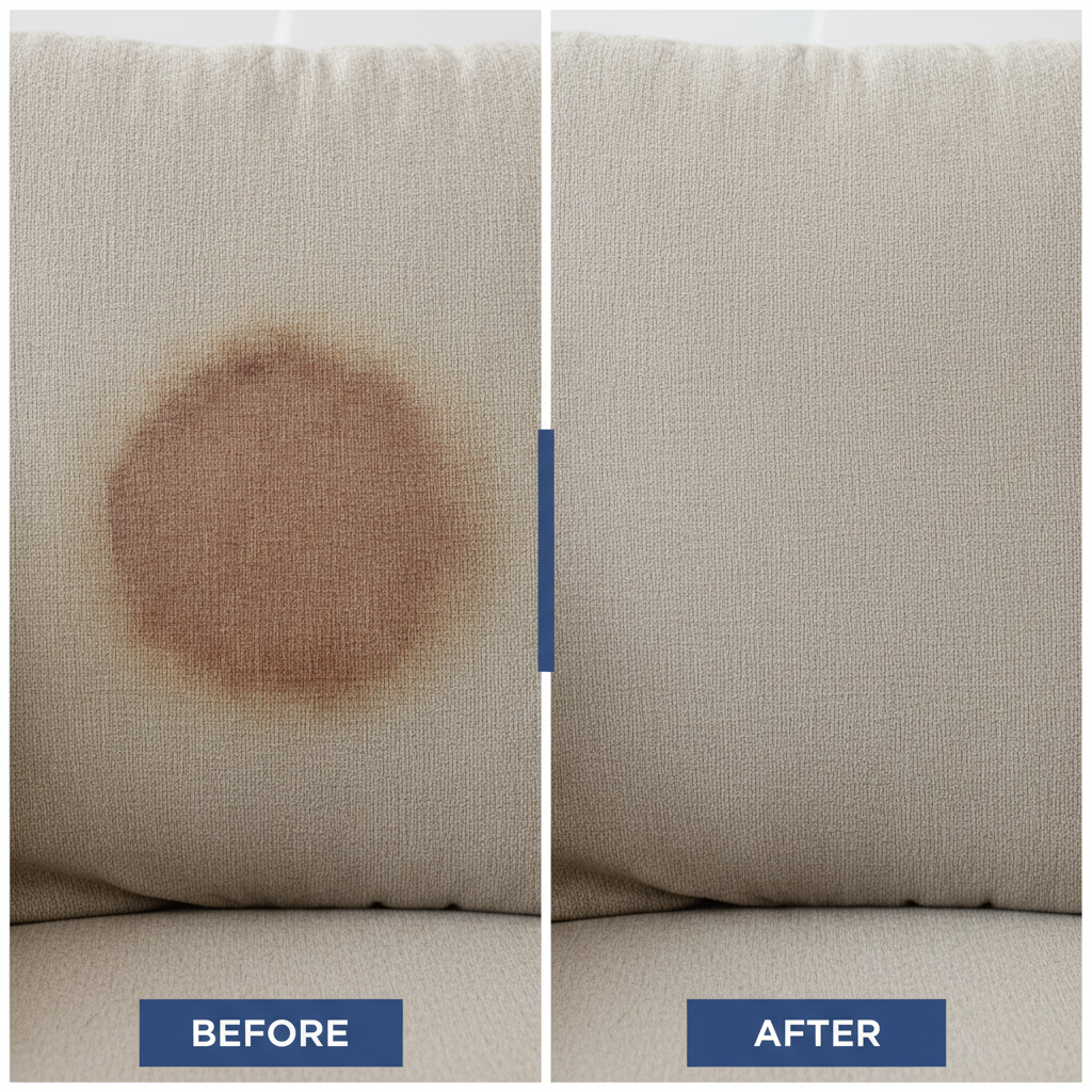 a before-and-after split image of a sofa cushion, showing a dark, noticeable stain on one side and a completely clean, s