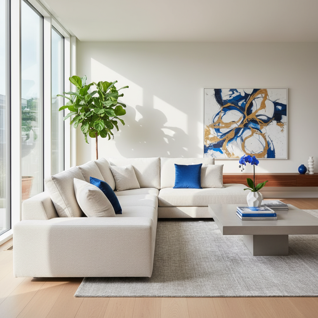 a modern, well-maintained living room with a freshly cleaned sofa and sunlight streaming in, highlighting a healthy, cle