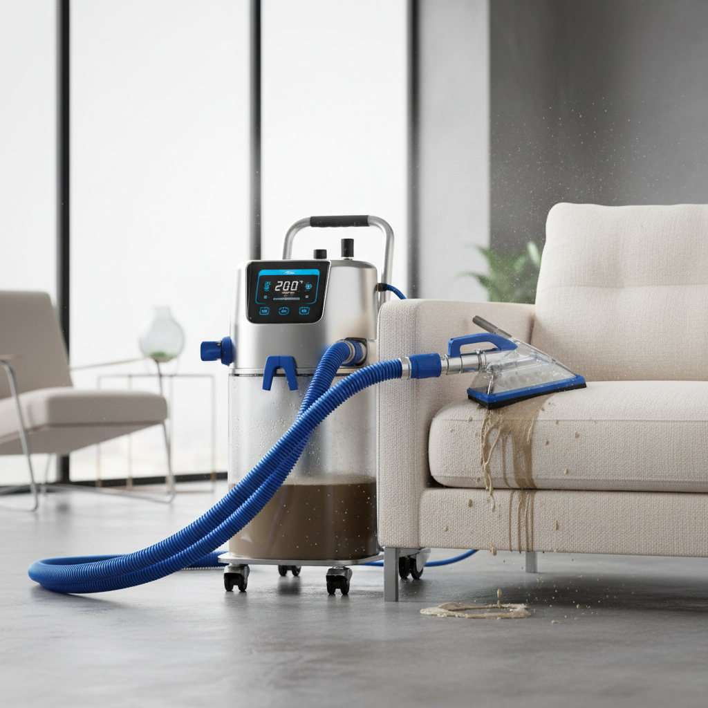 a professional-grade hot water extraction machine with hoses connected to an upholstery cleaning tool, demonstrating adv