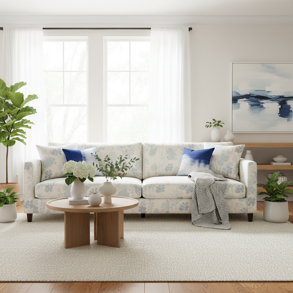 a clean, fresh-looking sofa with a subtle floral pattern, placed in a bright, inviting living room, symbolizing renewed 