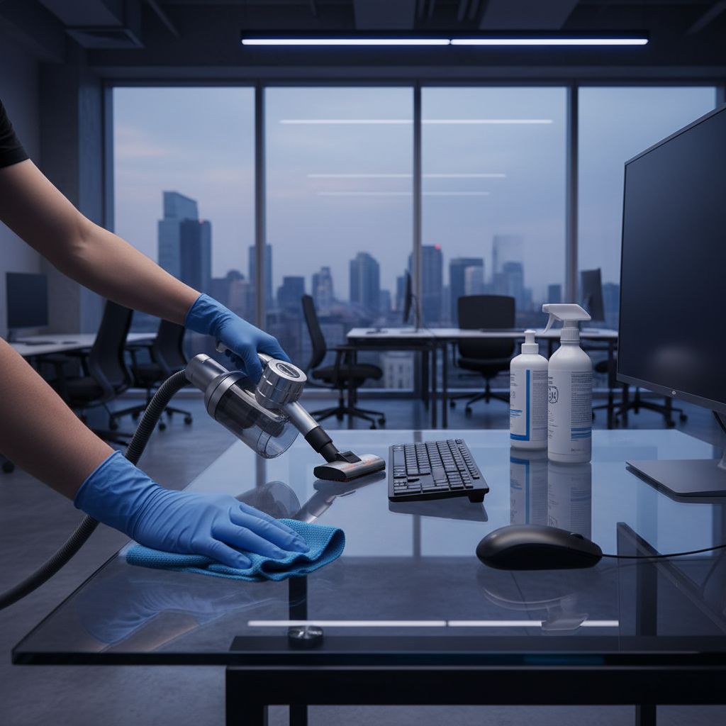 a professional cleaner meticulously cleaning a desk with specialized equipment in a modern office setting. STRICT: do NO