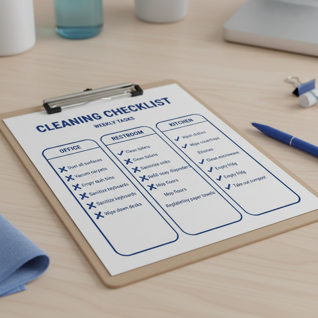 a diagram illustrating a cleaning checklist with various tasks crossed off and categorized by area (e.g.,
