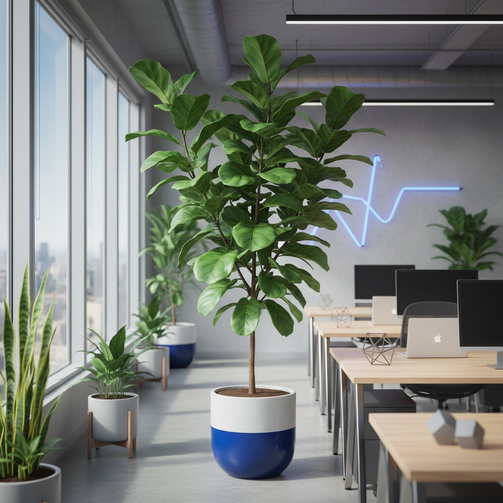 a vibrant, healthy office plant thriving in a well-lit, clean office space, symbolizing good air quality and a positive