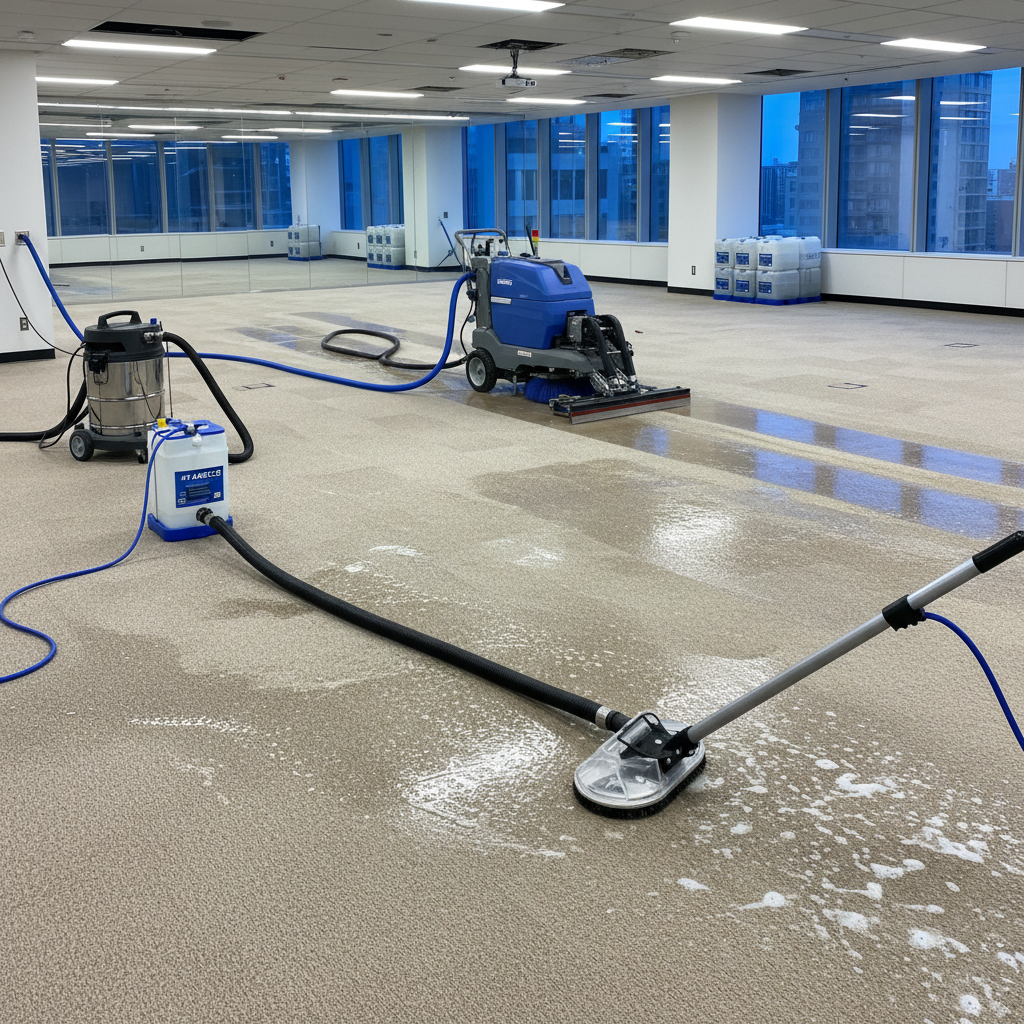 a professional cleaning crew using specialized carpet cleaning equipment in a large, empty office space, indicating deep