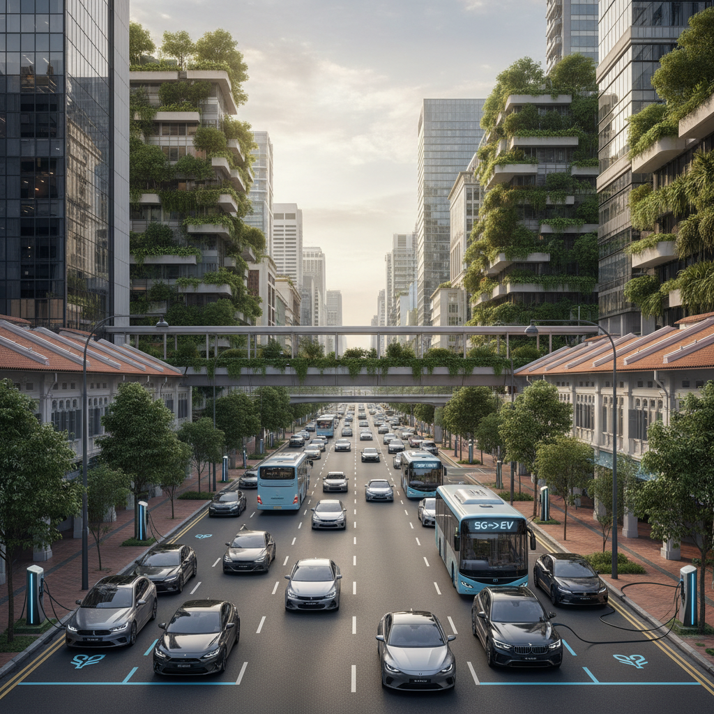 a busy urban street in Singapore, but with only electric cars, buses, and maxicabs, featuring charging stations and gree - corporate travel sustainability