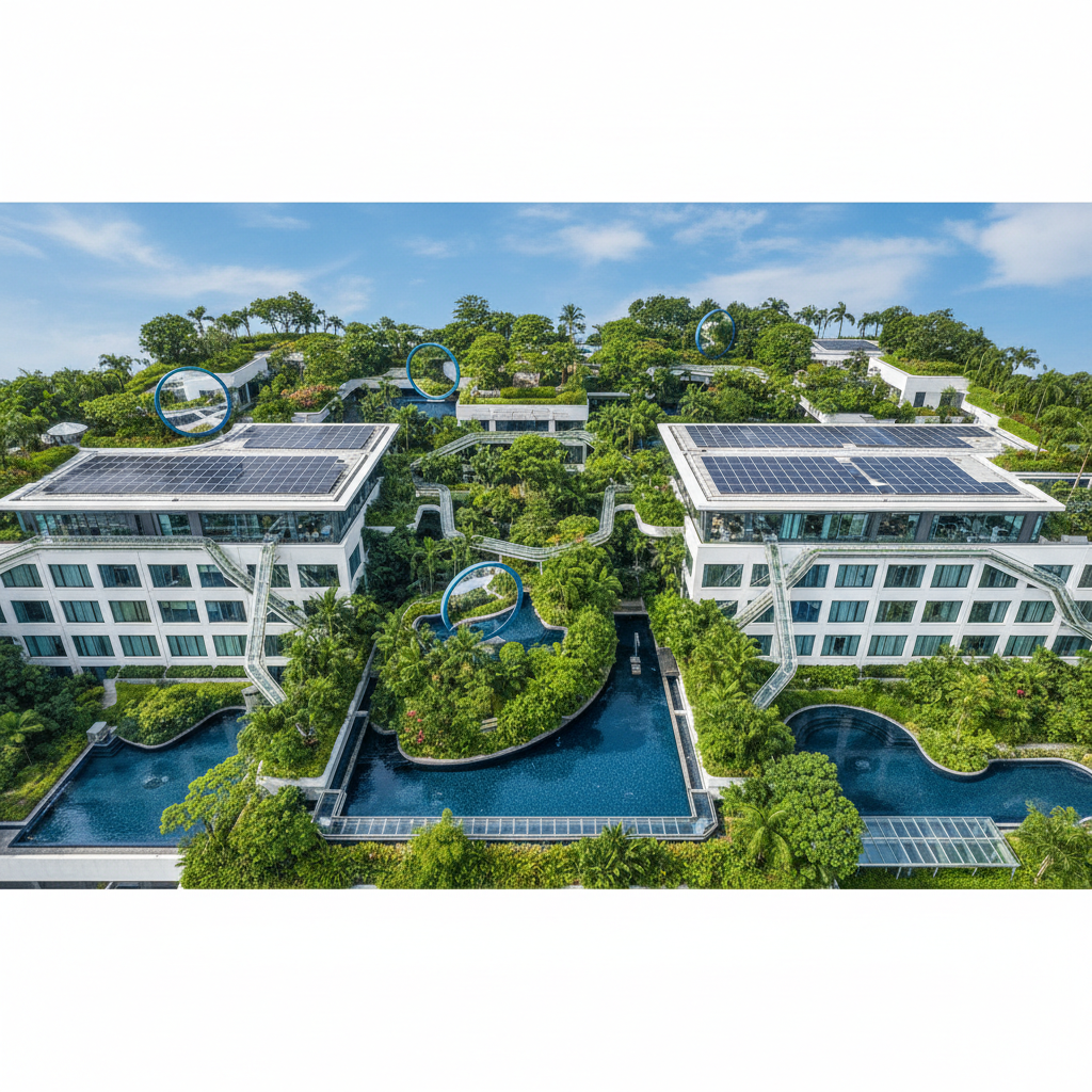 an overhead shot of a hotel complex in Singapore with lush rooftop gardens, solar panels, and visible rainwater harvesti - corporate travel sustainability