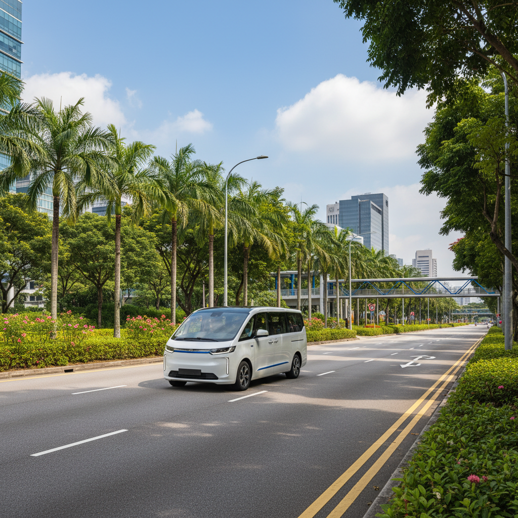 a clean, modern, white 7-seater maxicab (not detailing specific brand) driving on a well-maintained road in Singapore wi - corporate travel sustainability