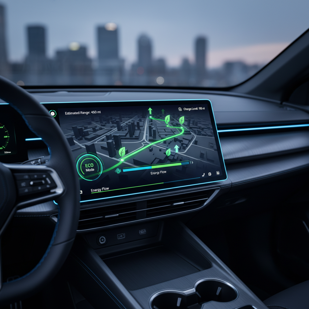 a dashboard display inside a modern vehicle showing a GPS map with an optimized route laid out, with green icons indicat - corporate travel sustainability
