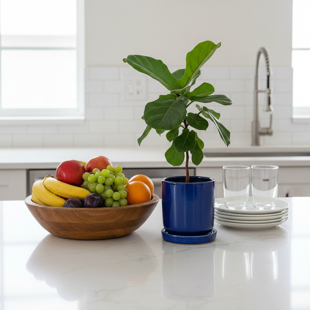a clean, organized kitchen countertop with fresh fruit and a plant, reflecting a well-maintained home