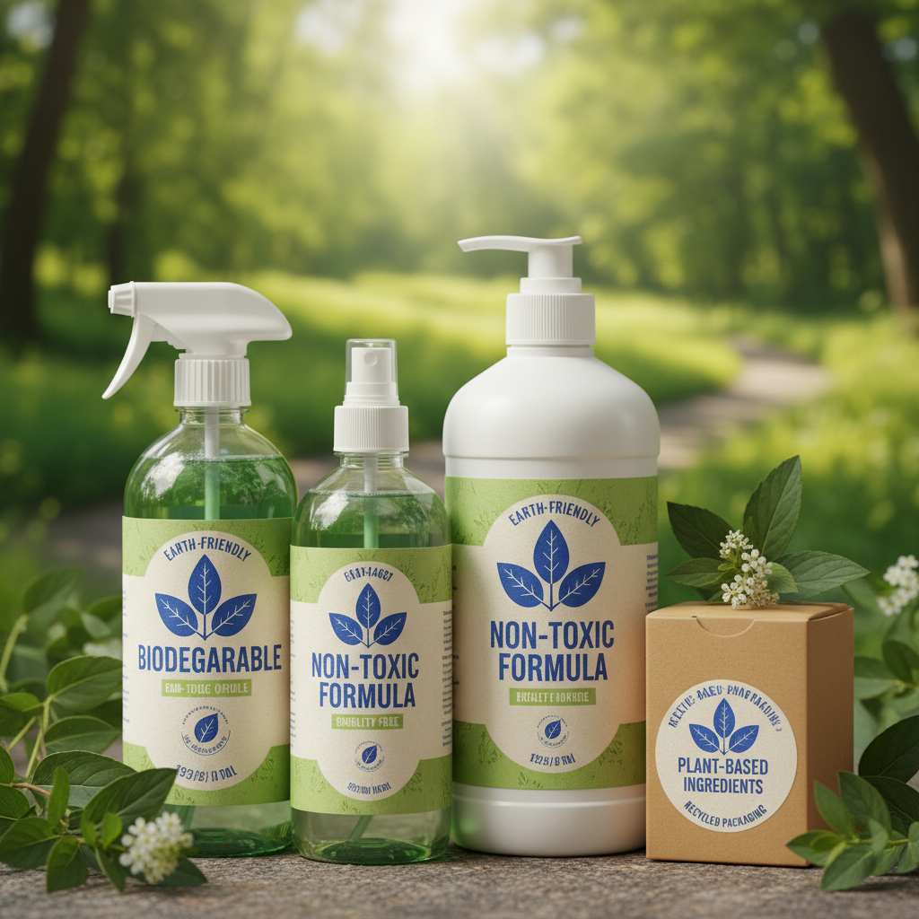 a close-up of various green cleaning product labels, highlighting terms like 