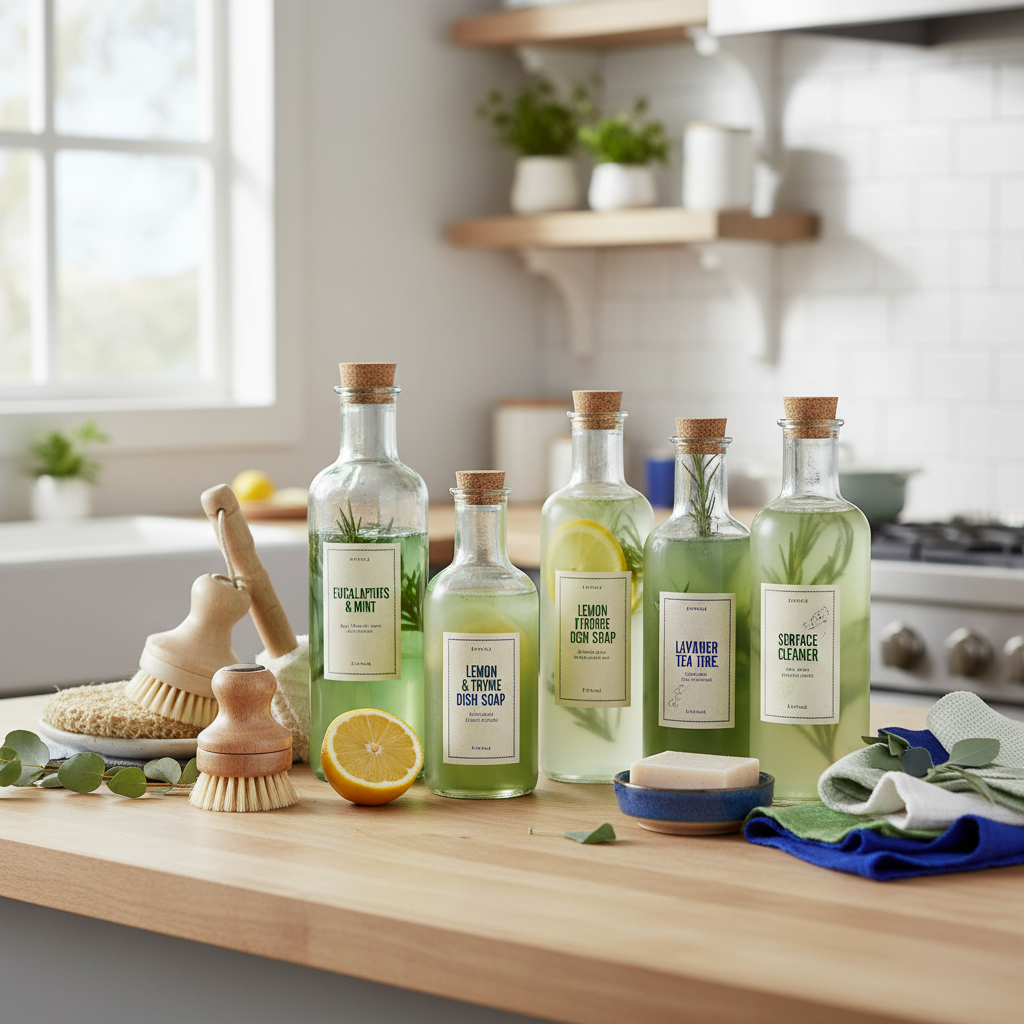 a collection of aesthetically pleasing green cleaning bottles and tools organized neatly on a kitchen counter, focusing 