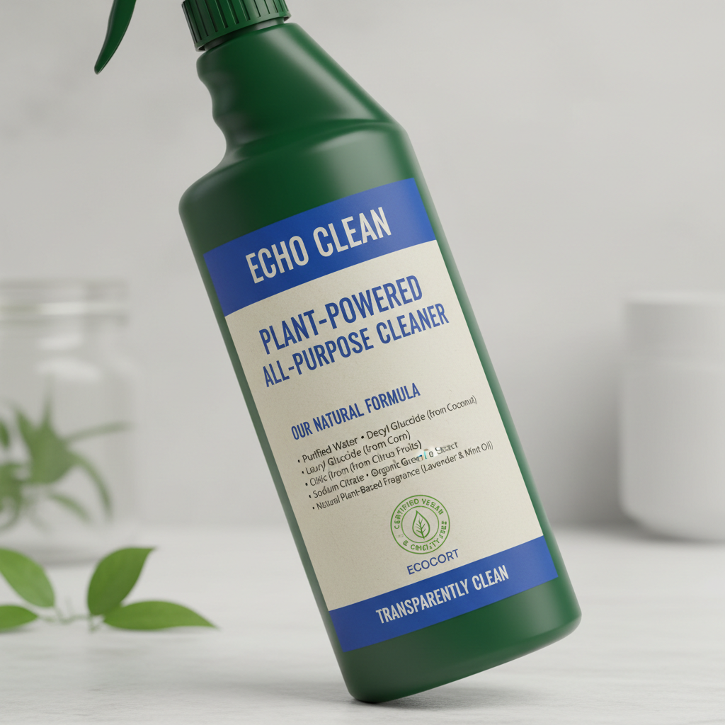 a close-up shot of a label on a green cleaning product, clearly showing a list of plant-based ingredients and a certific